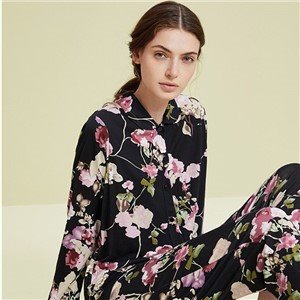 Ženski crni cvjetni otisak 100% Silk Sleepwear